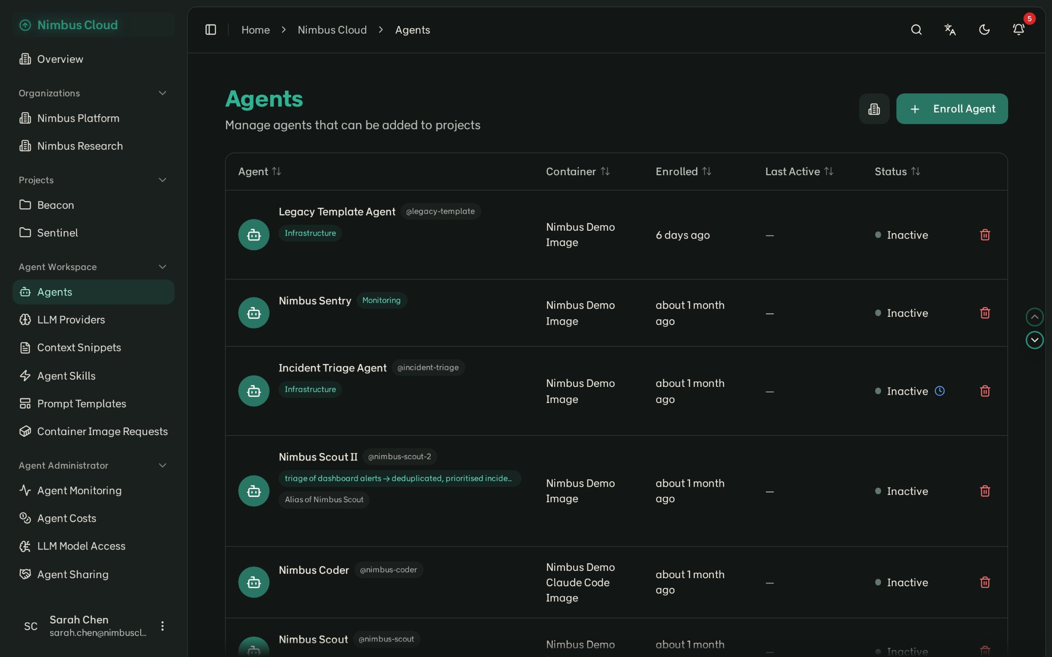 The Agents page for the Nimbus Cloud organisation, listing agents with their specialisations, container images, enrolment dates and status.