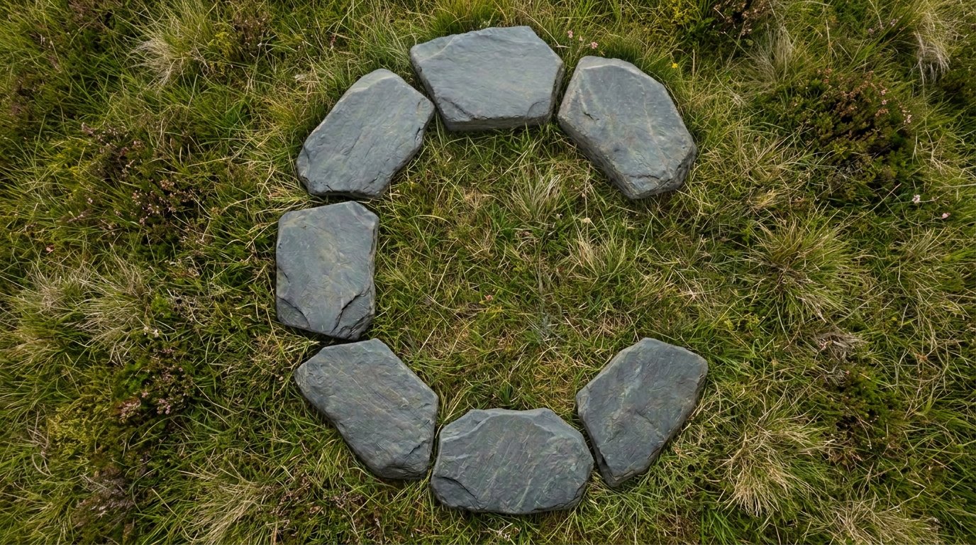 Seven stepping stones laid in a C shape on highland grass